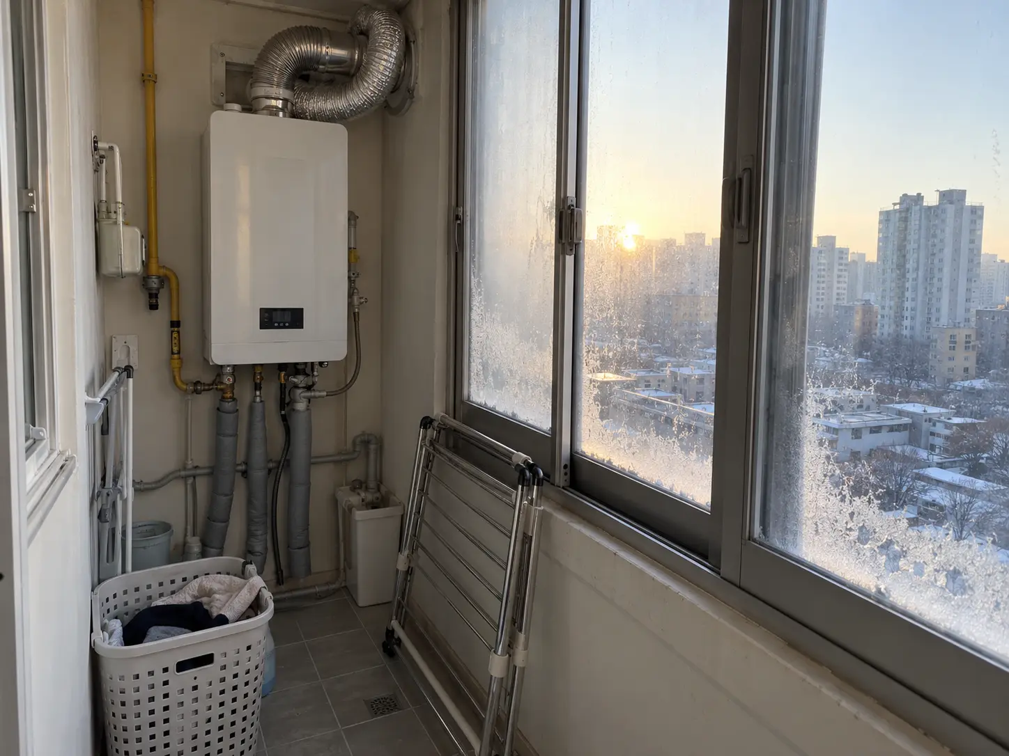 Wall-mounted gas boiler on a Korean apartment utility balcony on a frosty winter morning