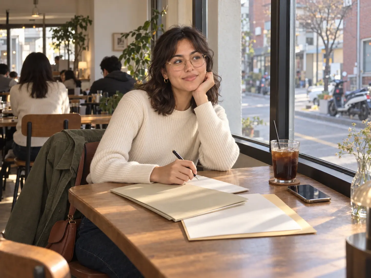 International student in Korea reviewing her arrival paperwork and phone at a campus cafe table